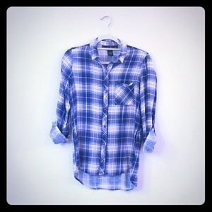 Red, white and blue plaid button down shirt